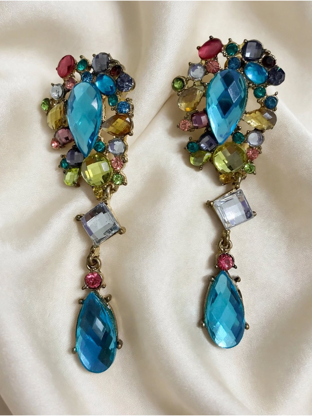 Multicolor Crystal Drop Earrings with Blue Teardrops - Unbranded